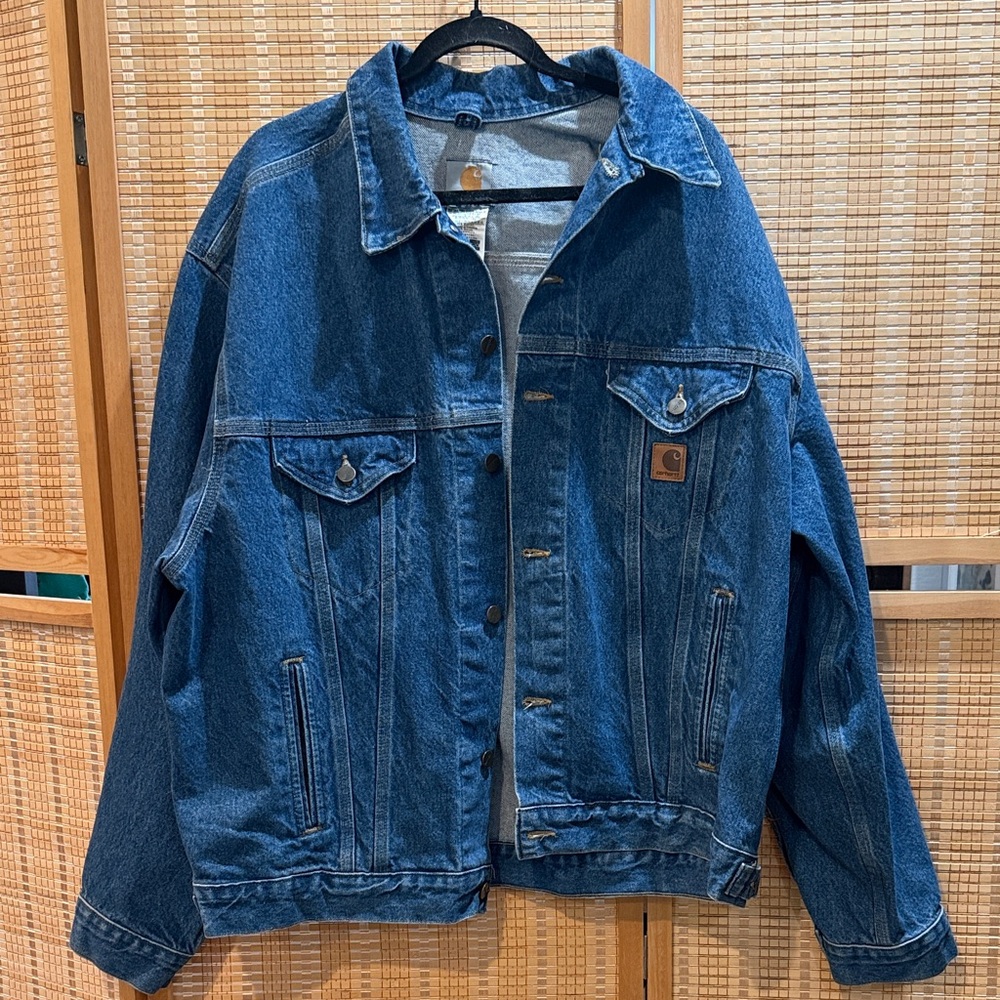 Vintage Carhartt denim blue jean jacket trucker work coat size XL